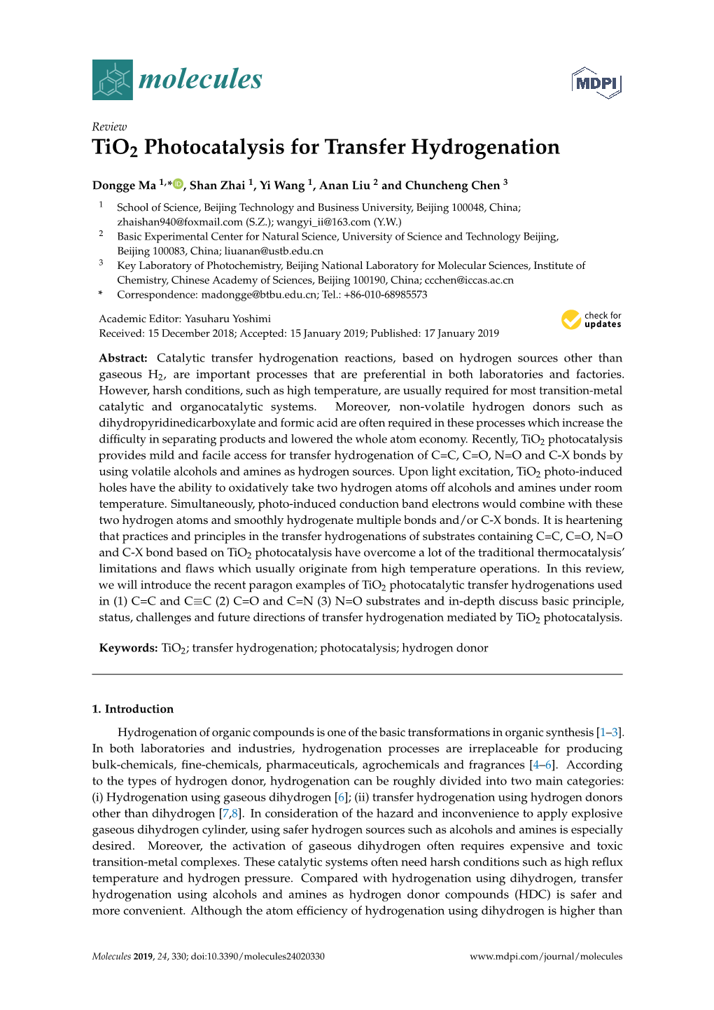 Tio2 Photocatalysis for Transfer Hydrogenation