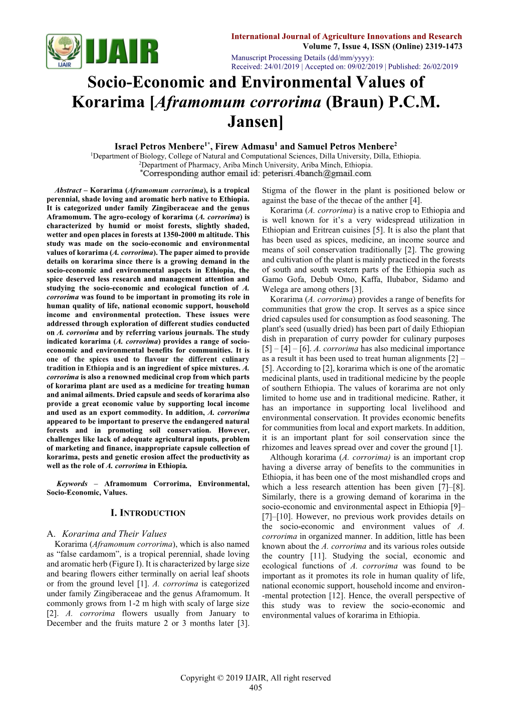 Socio-Economic and Environmental Values of Korarima [Aframomum Corrorima (Braun) P.C.M