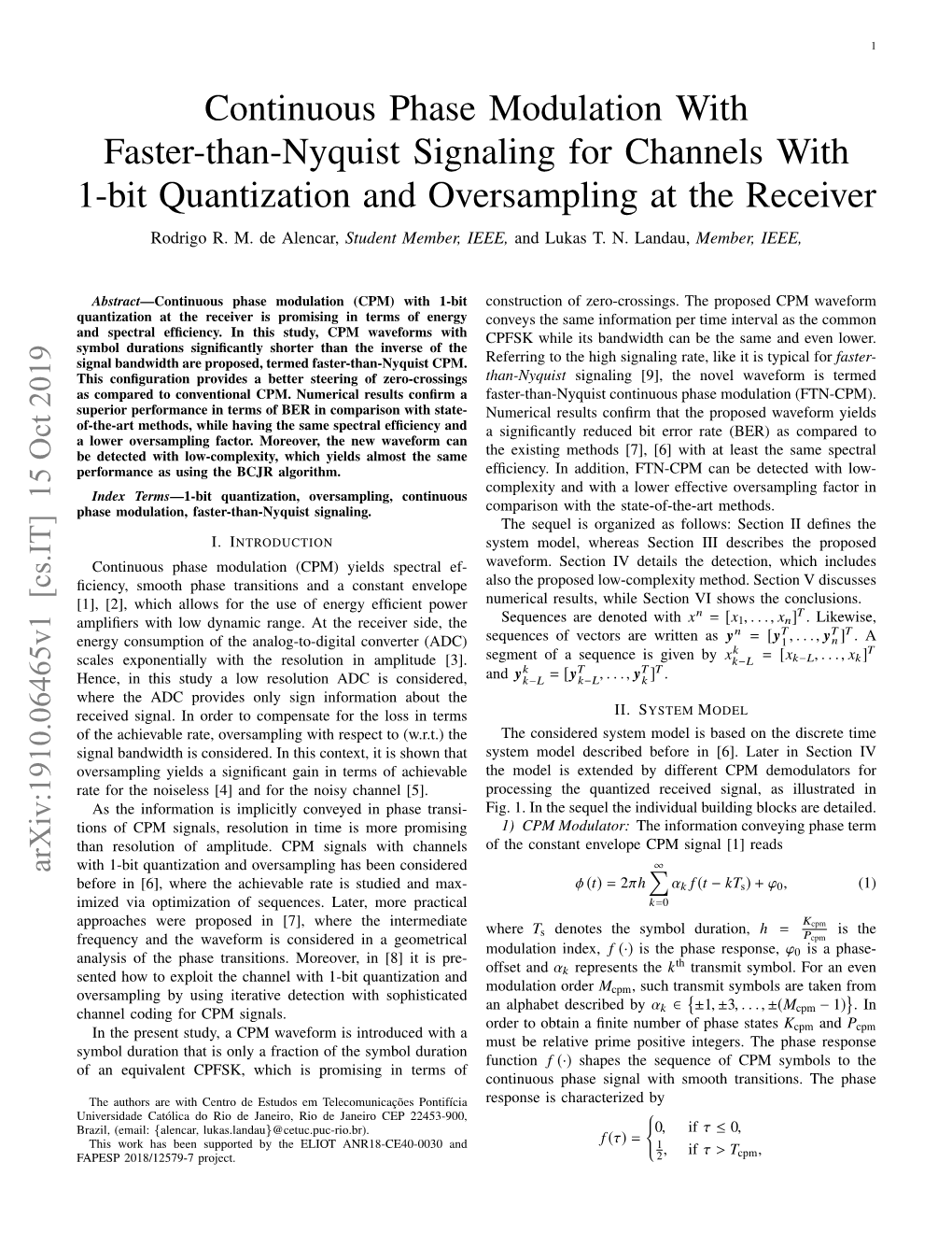 Continuous Phase Modulation with Faster-Than-Nyquist Signaling for Channels with 1-Bit Quantization and Oversampling at the Receiver Rodrigo R