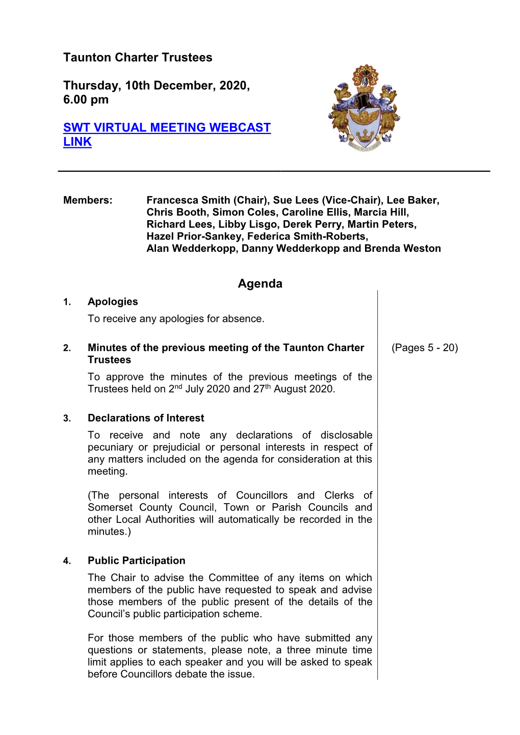 Agenda Document for Taunton Charter Trustees, 10/12/2020 18:00