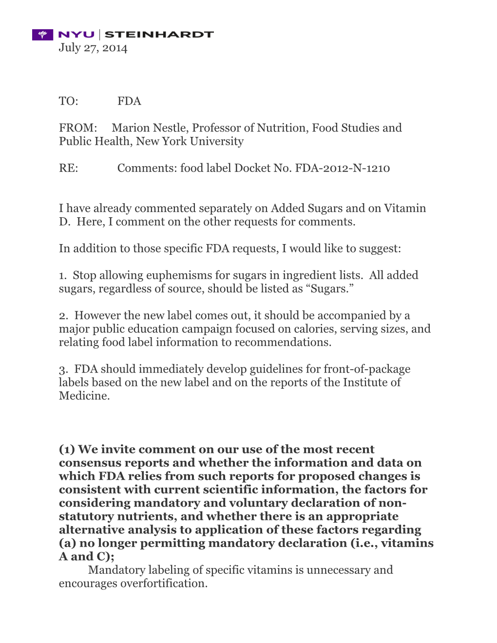 RE: Comments: Food Label Docket No. FDA-2012-N-1210