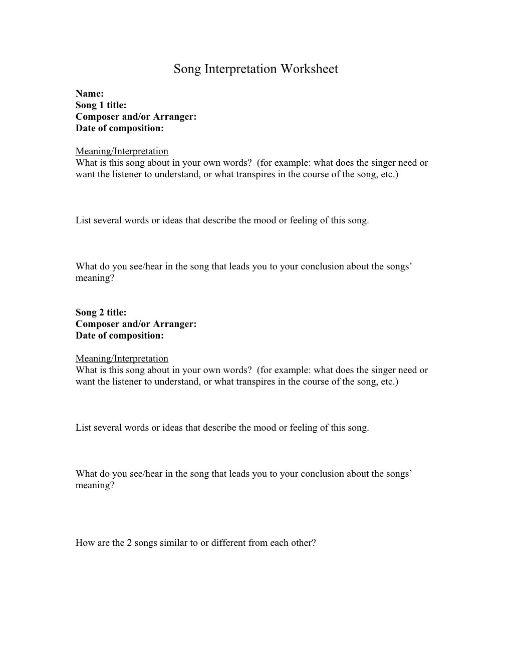 Song Interpretation Worksheet