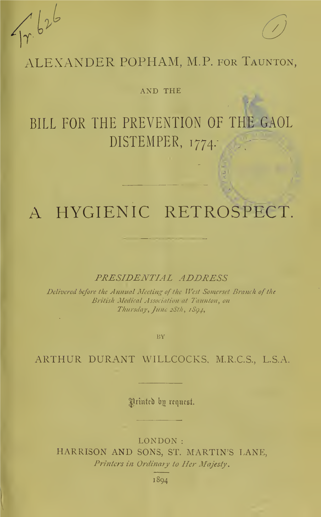 Alexander Popham, M.P. for Taunton, and the Bill for the Prevention of The