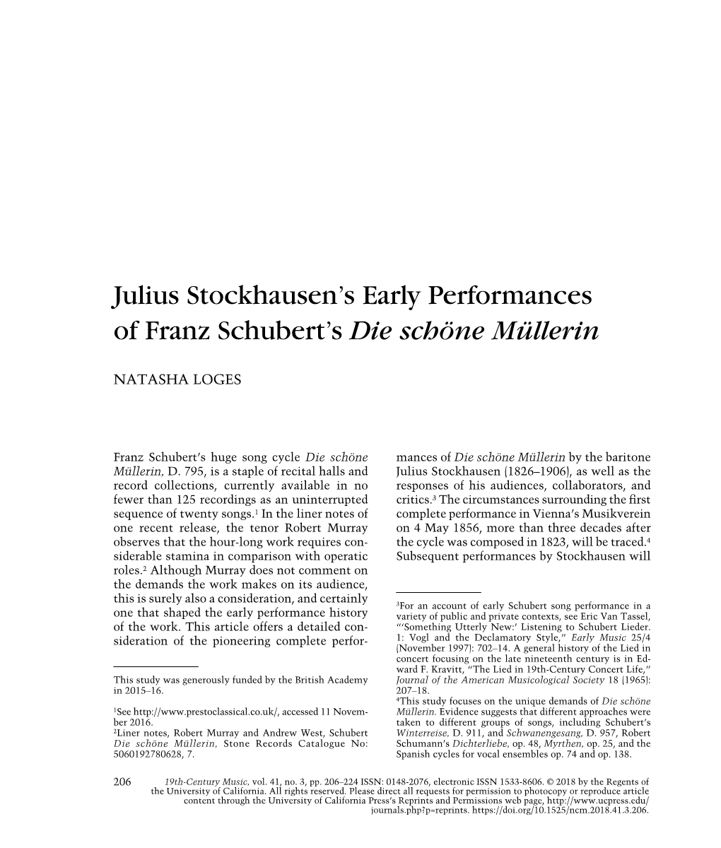 Julius Stockhausen's Early Performances of Franz Schubert's