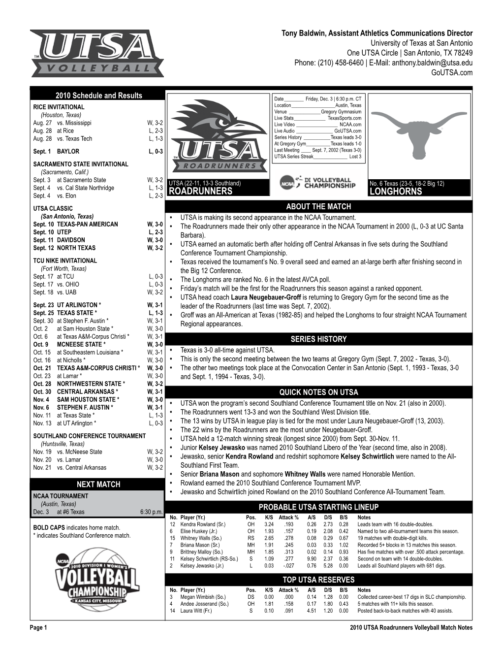Read the UTSA Dec. 3 Volleyball Match Notes