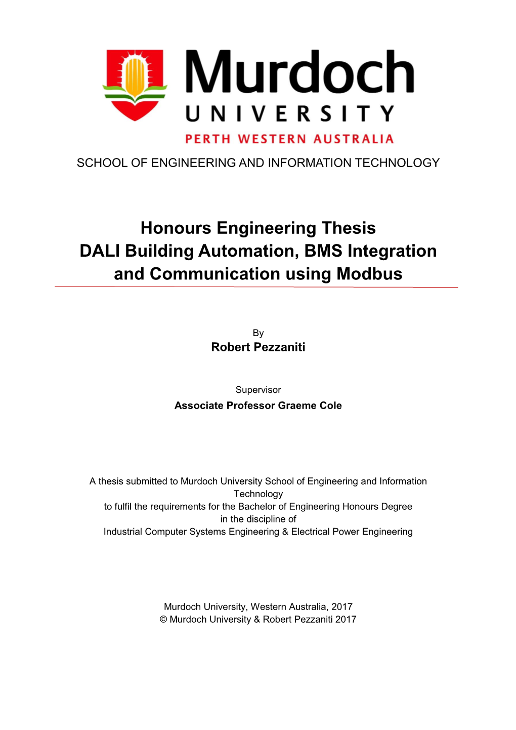 Honours Engineering Thesis DALI Building Automation, BMS Integration and Communication Using Modbus