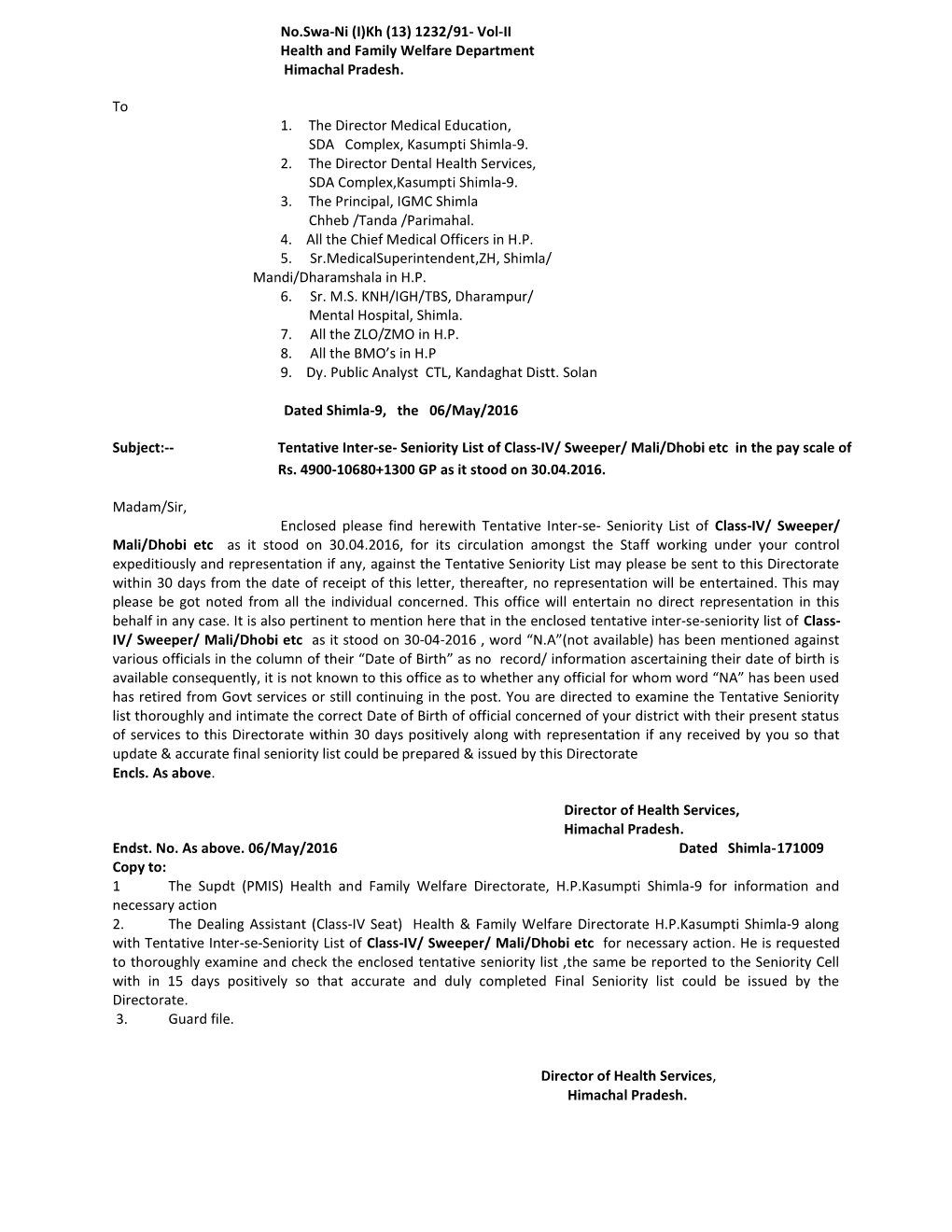 No.Swa-Ni (I)Kh (13) 1232/91- Vol-II Health and Family Welfare Department Himachal Pradesh