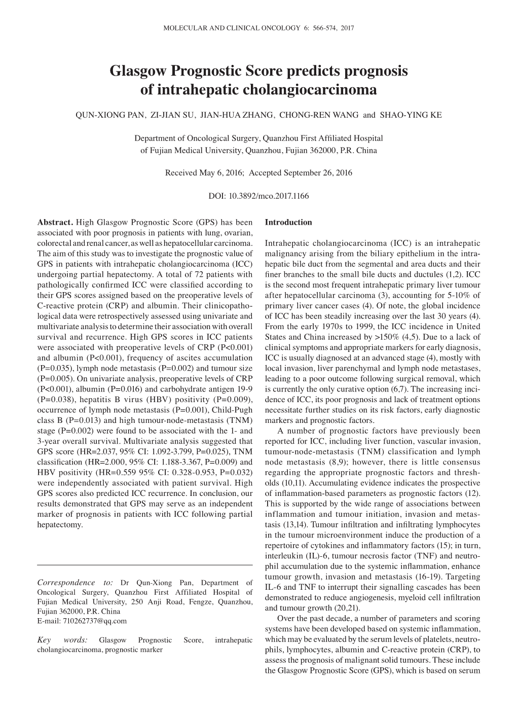 Glasgow Prognostic Score Predicts Prognosis of Intrahepatic Cholangiocarcinoma