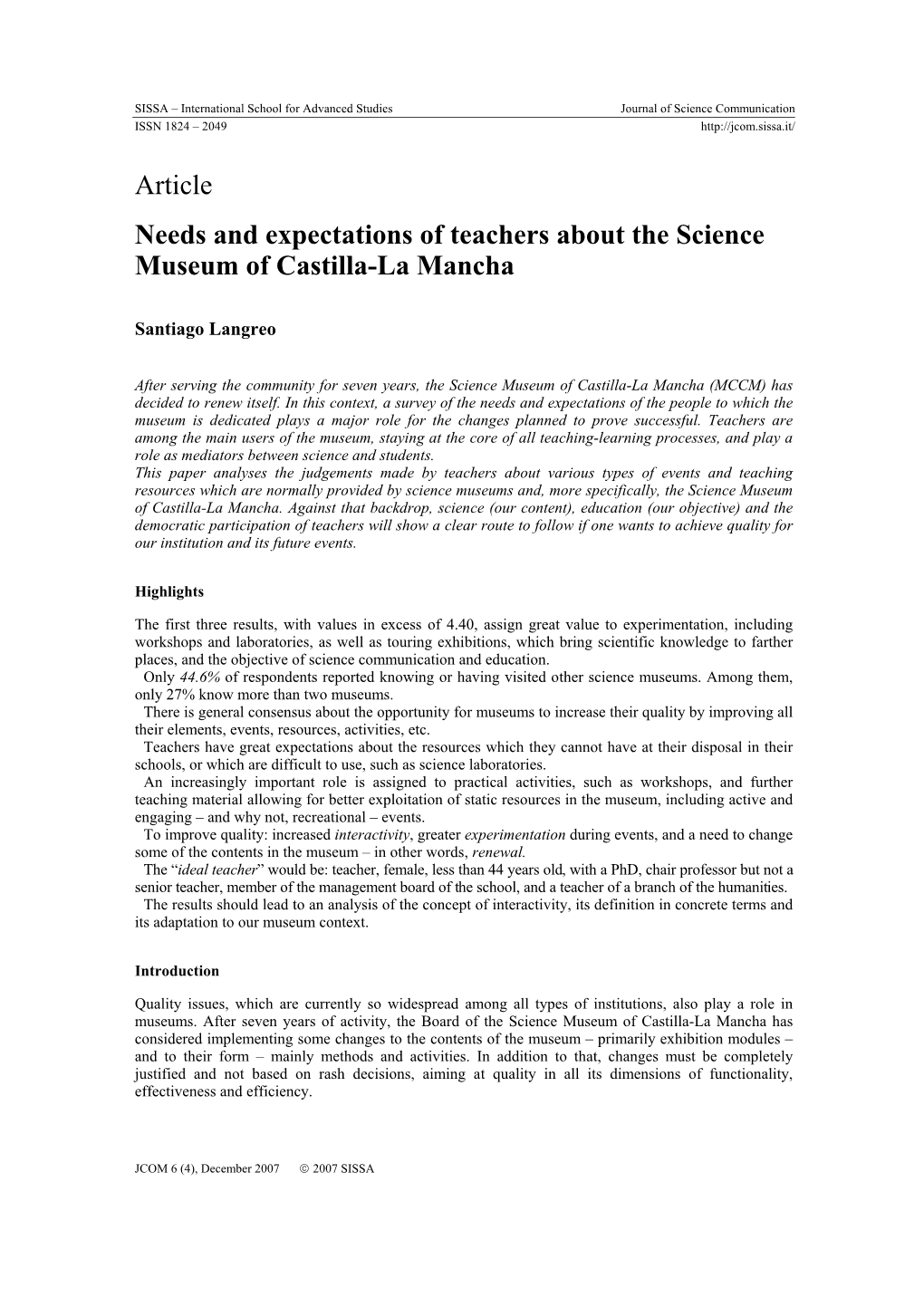 Article Needs and Expectations of Teachers About the Science Museum of Castilla-La Mancha
