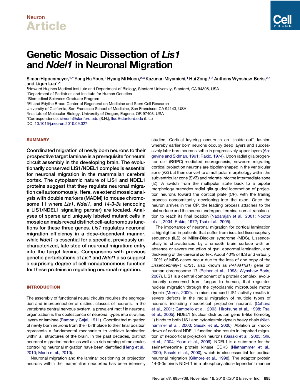 Genetic Mosaic Dissection of Lis1 and Ndel1 in Neuronal Migration