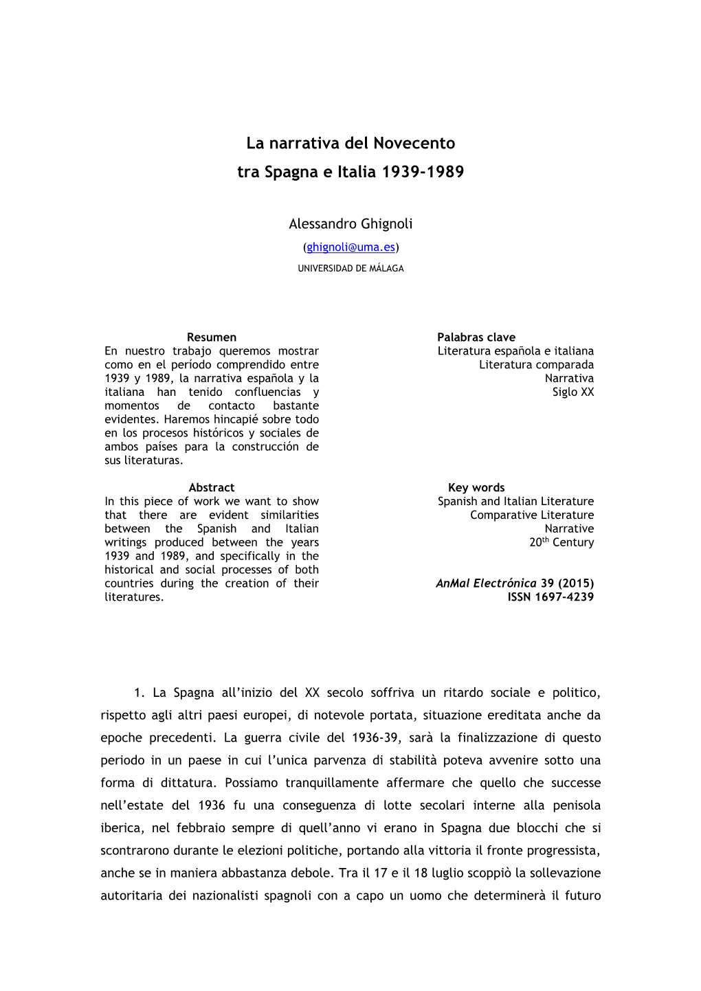 La Narrativa Del Novecento Tra Spagna E Italia 1939-1989