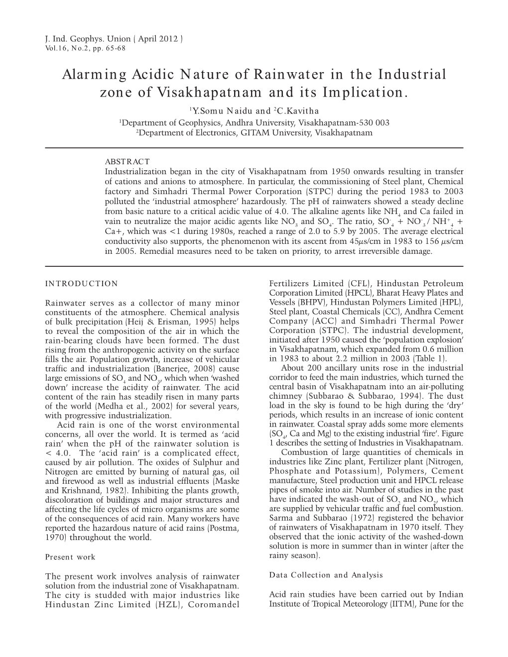 Alarming Acidic Nature of Rainwater in the Industrial Zone of Visakhapatnam and Its Implication