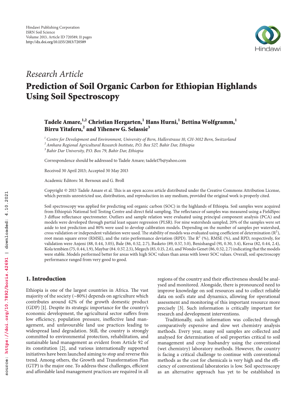 Research Article Prediction of Soil Organic Carbon for Ethiopian Highlands Using Soil Spectroscopy