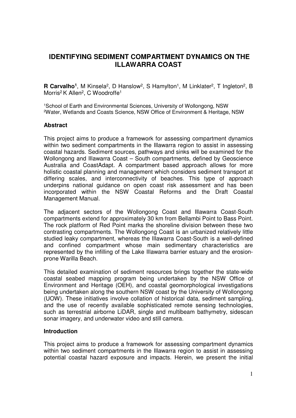 Identifying Sediment Compartment Dynamics on the Illawarra Coast