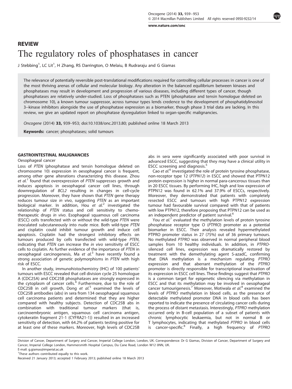 The Regulatory Roles of Phosphatases in Cancer