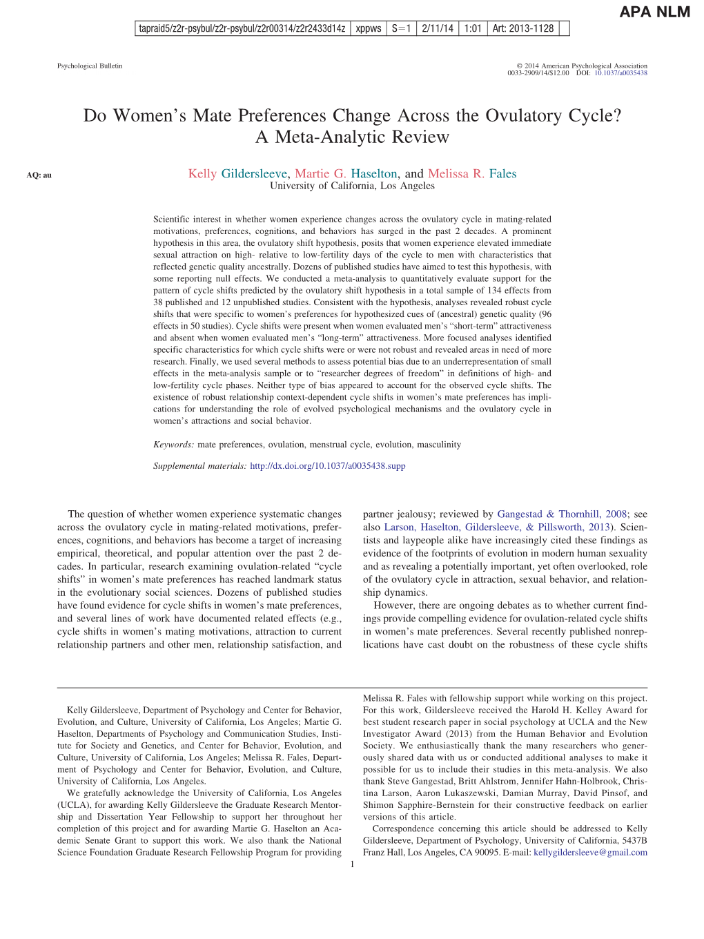 Do Women's Mate Preferences Change Across the Ovulatory Cycle? a Meta-Analytic Review