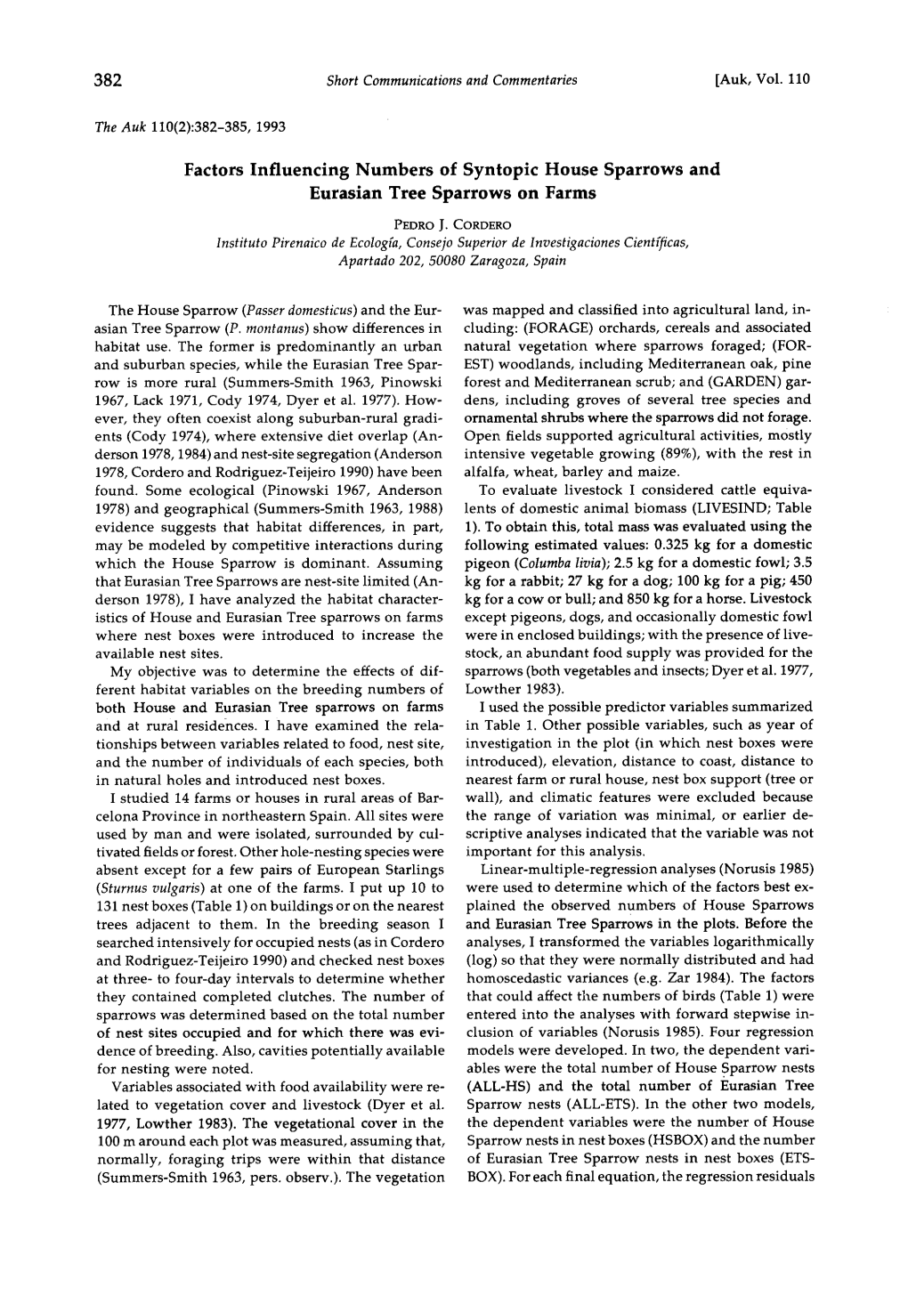 Factors Influencing Numbers of Syntopic House Sparrows and Eurasian Tree Sparrows on Farms