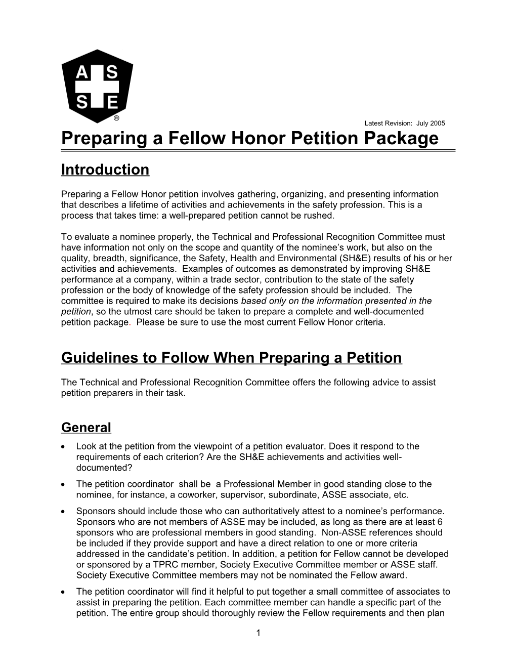 Fellow Honor Petition Pkg Completed Revisions July 2005