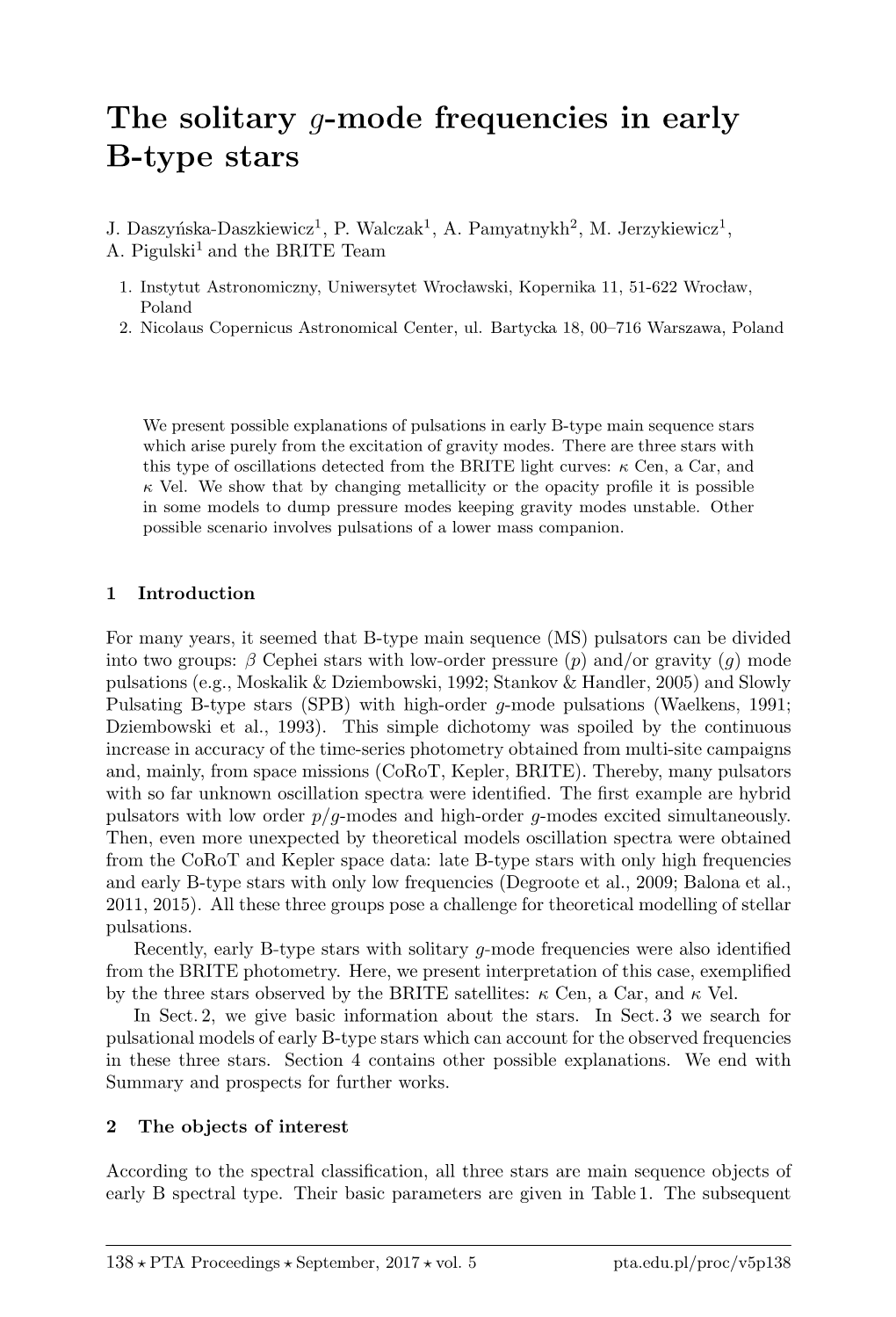 The Solitary G-Mode Frequencies in Early B-Type Stars