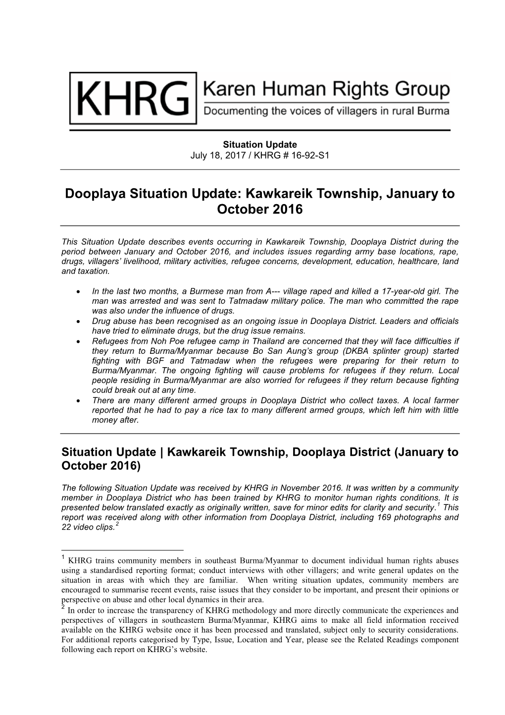 Dooplaya Situation Update: Kawkareik Township, January to October 2016