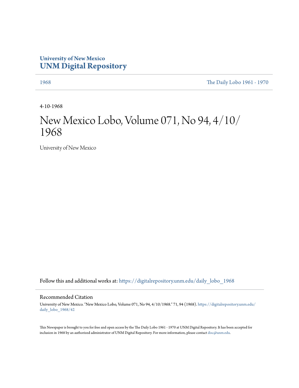 New Mexico Lobo, Volume 071, No 94, 4/10/1968.