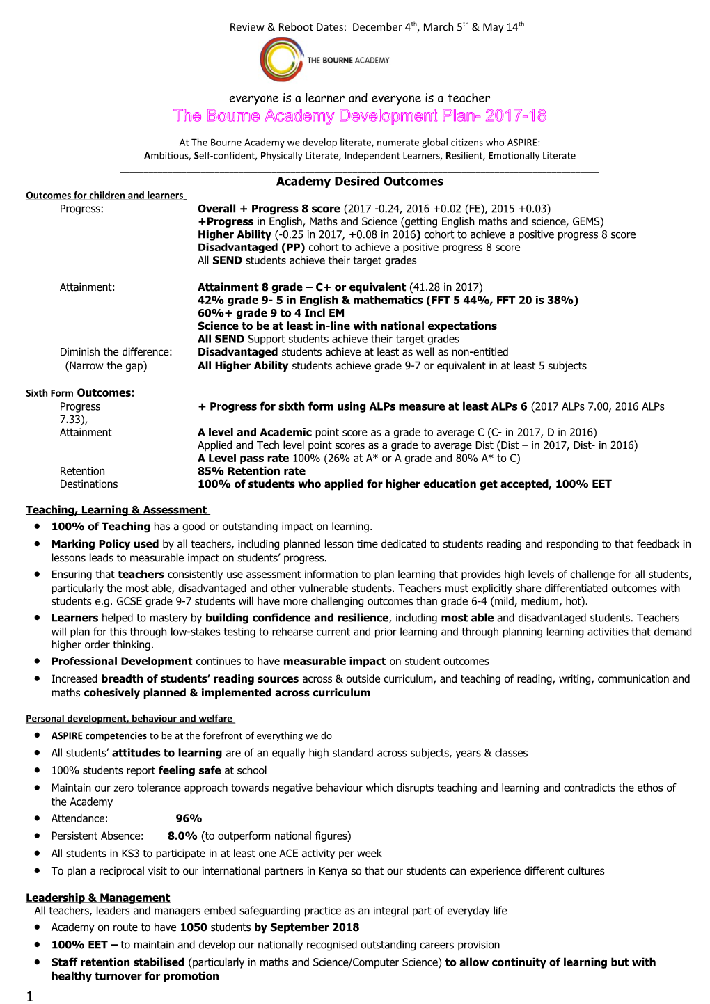 The Bourne Academy Development Plan- 2017-18