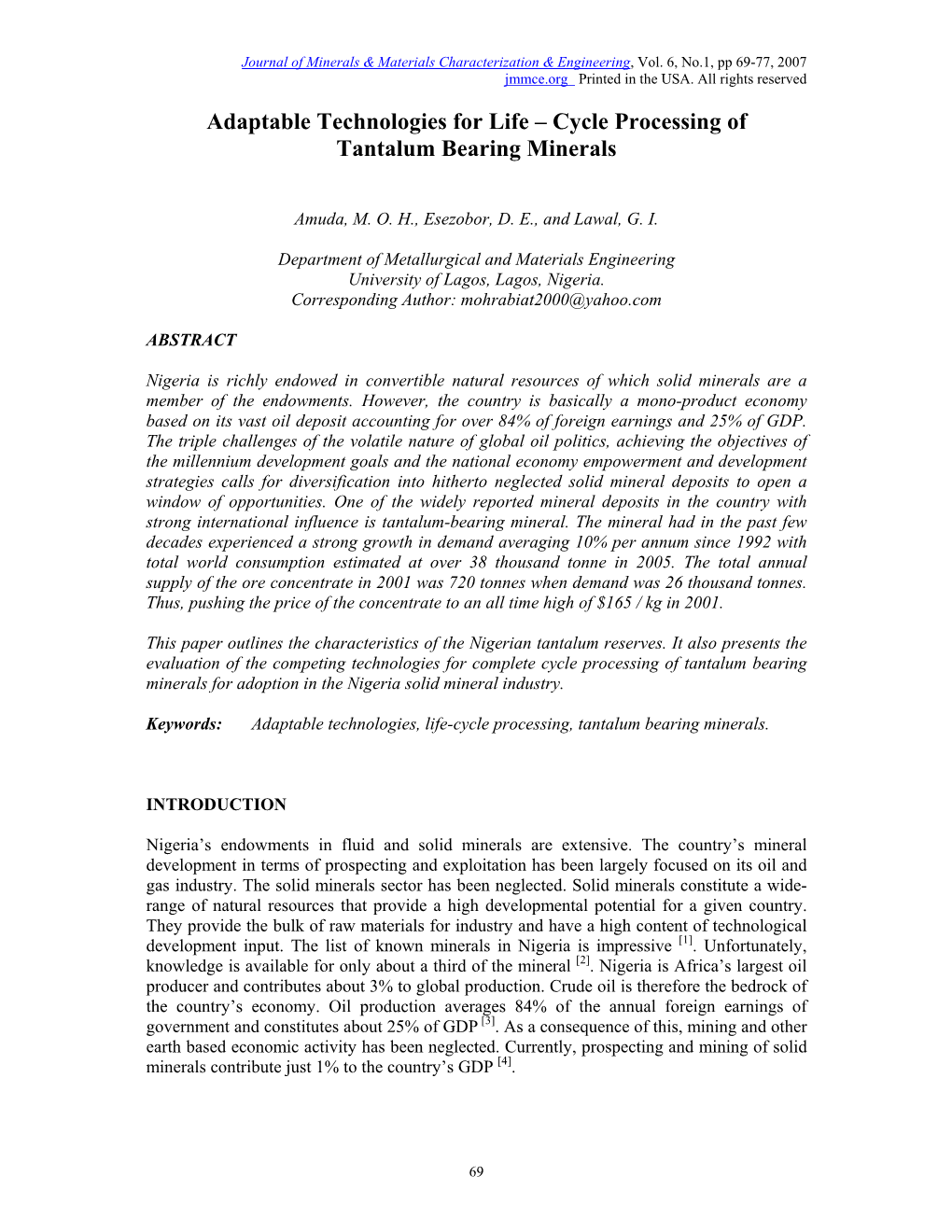 Cycle Processing of Tantalum Bearing Minerals