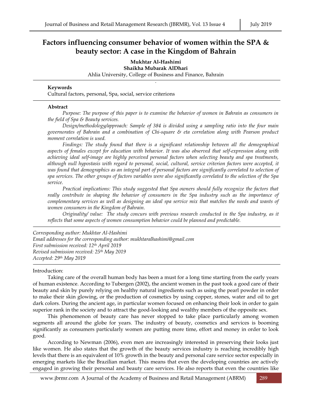 Factors Influencing Consumer Behavior of Women Within the SPA & Beauty Sector: a Case in the Kingdom of Bahrain