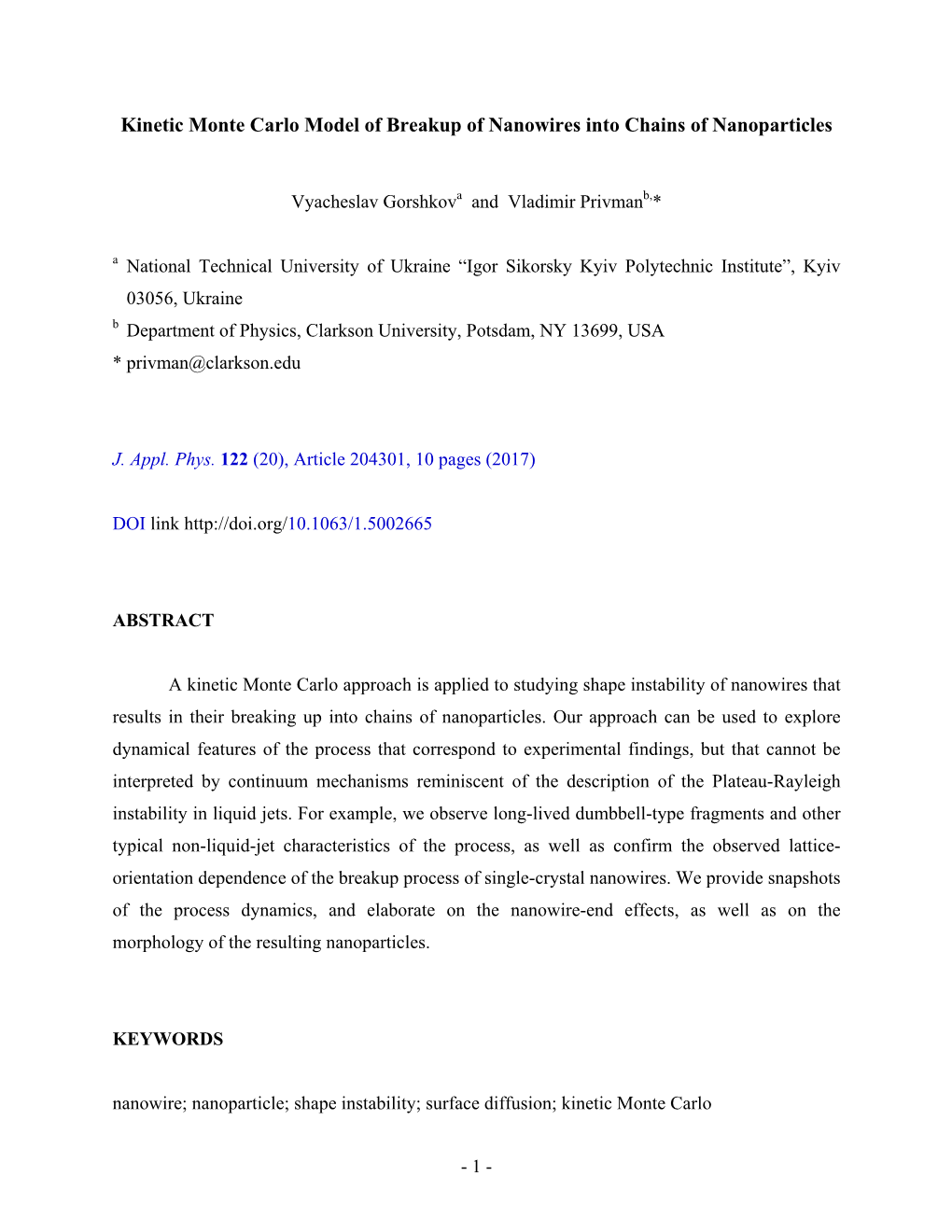 Kinetic Monte Carlo Model of Breakup of Nanowires Into Chains of Nanoparticles