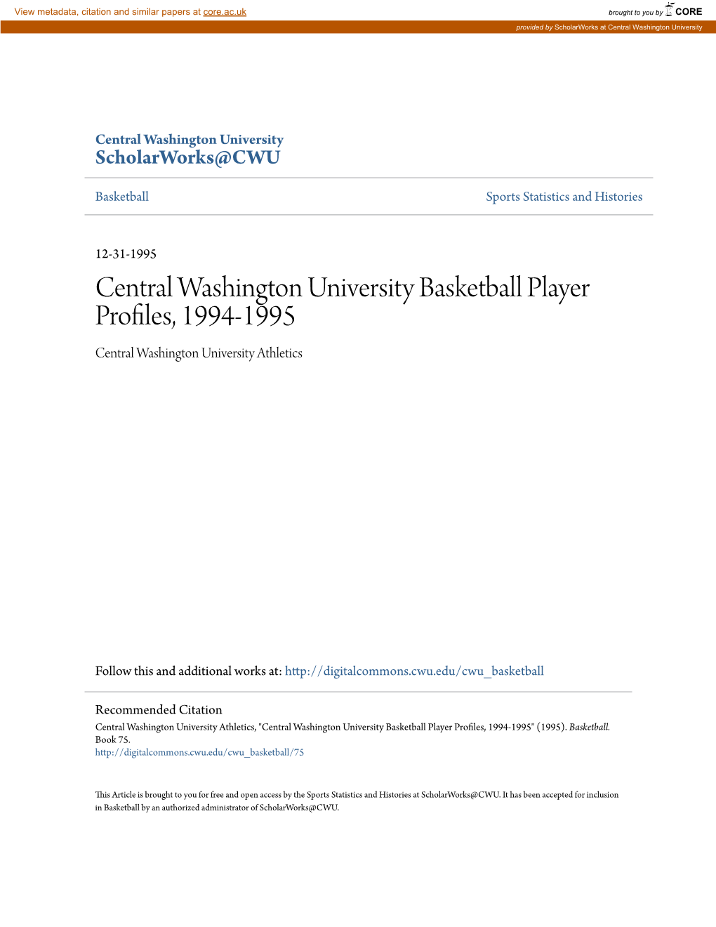 Central Washington University Basketball Player Profiles, 1994-1995 Central Washington University Athletics