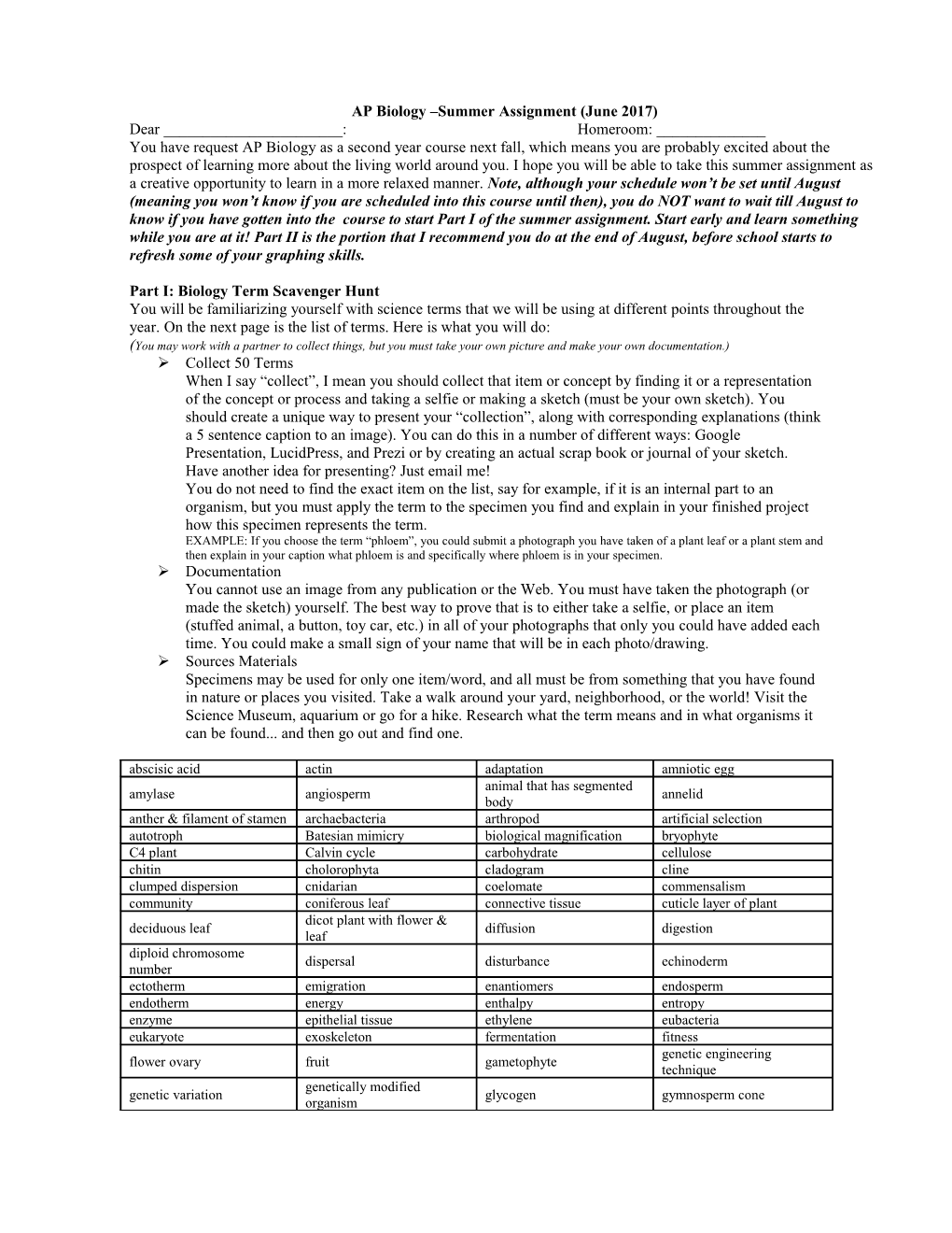 AP Biology Summer Assignment (June 2017)