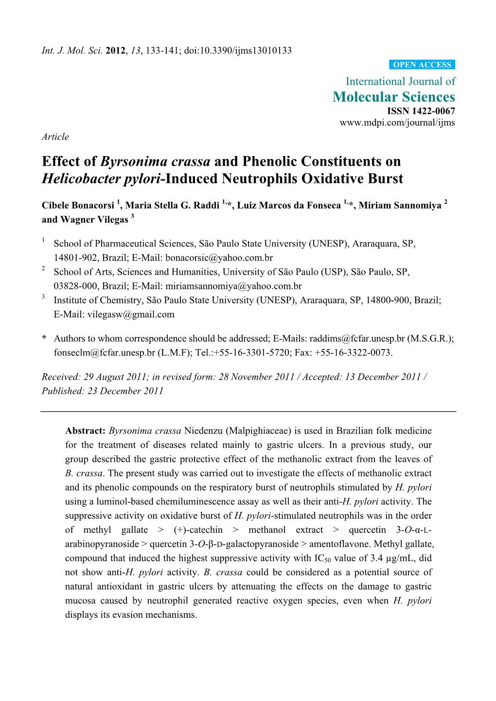 Effect of Byrsonima Crassa and Phenolic Constituents on Helicobacter Pylori-Induced Neutrophils Oxidative Burst