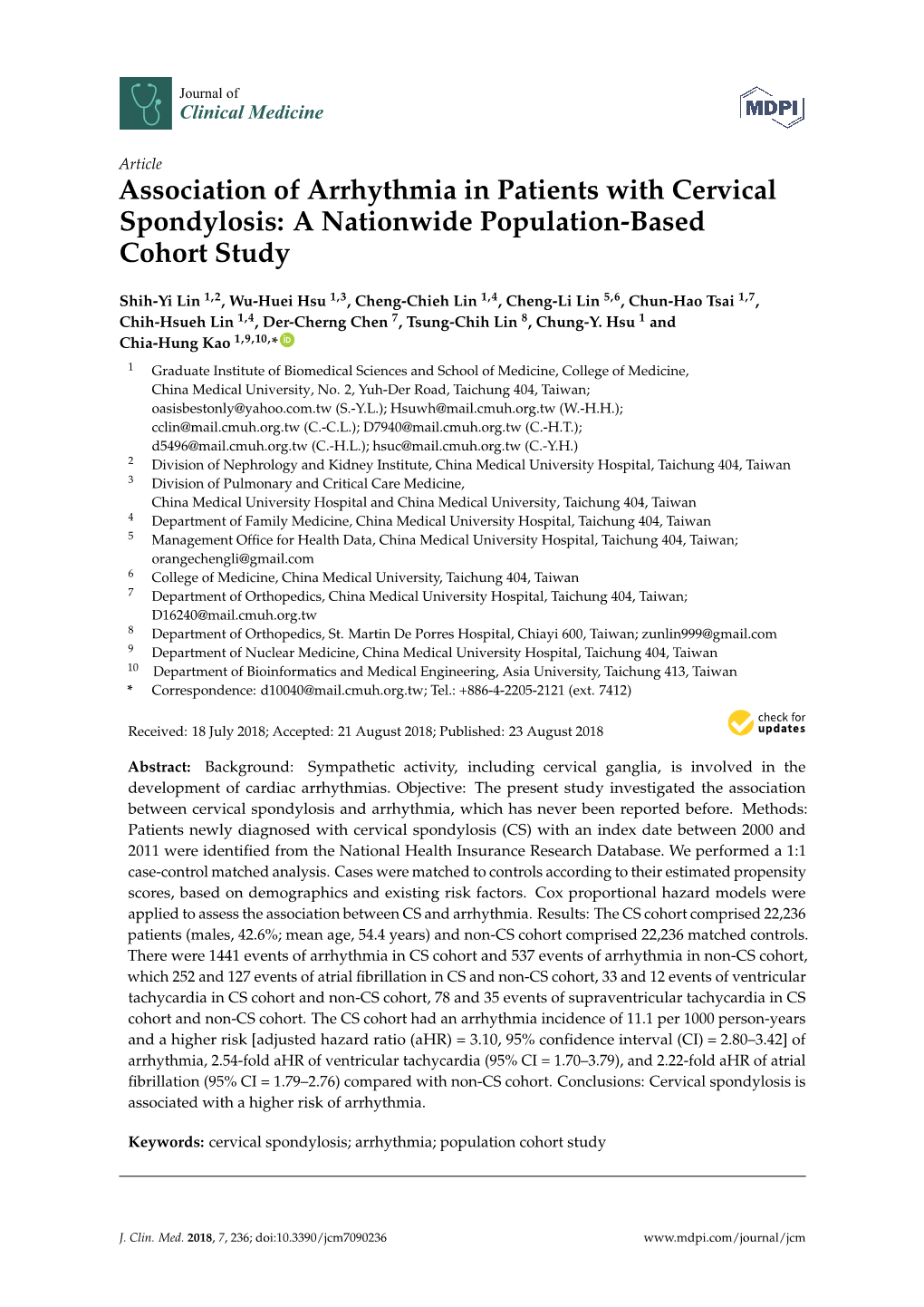 Association of Arrhythmia in Patients with Cervical Spondylosis: a Nationwide Population-Based Cohort Study