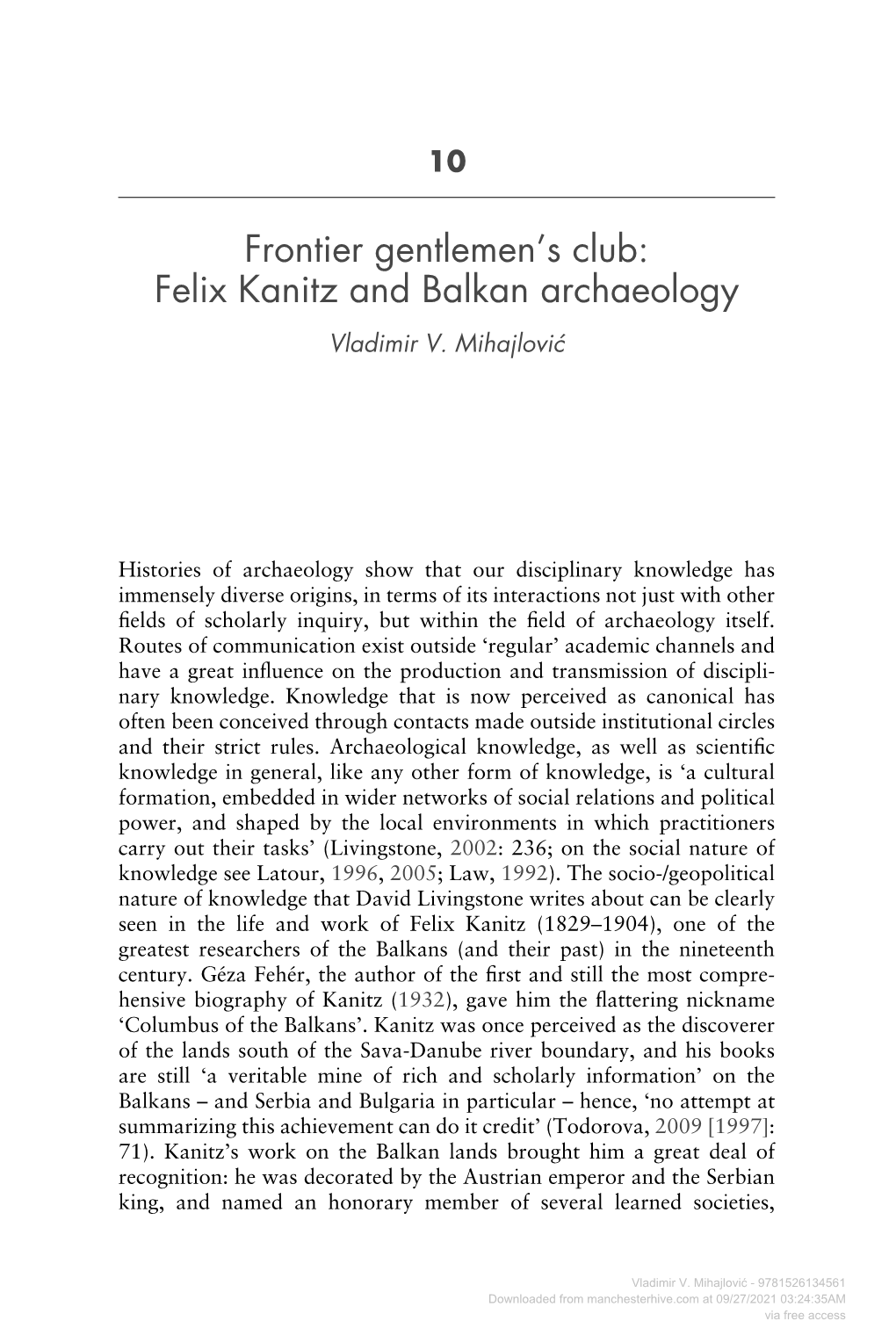 Frontier Gentlemen's Club: Felix Kanitz and Balkan Archaeology