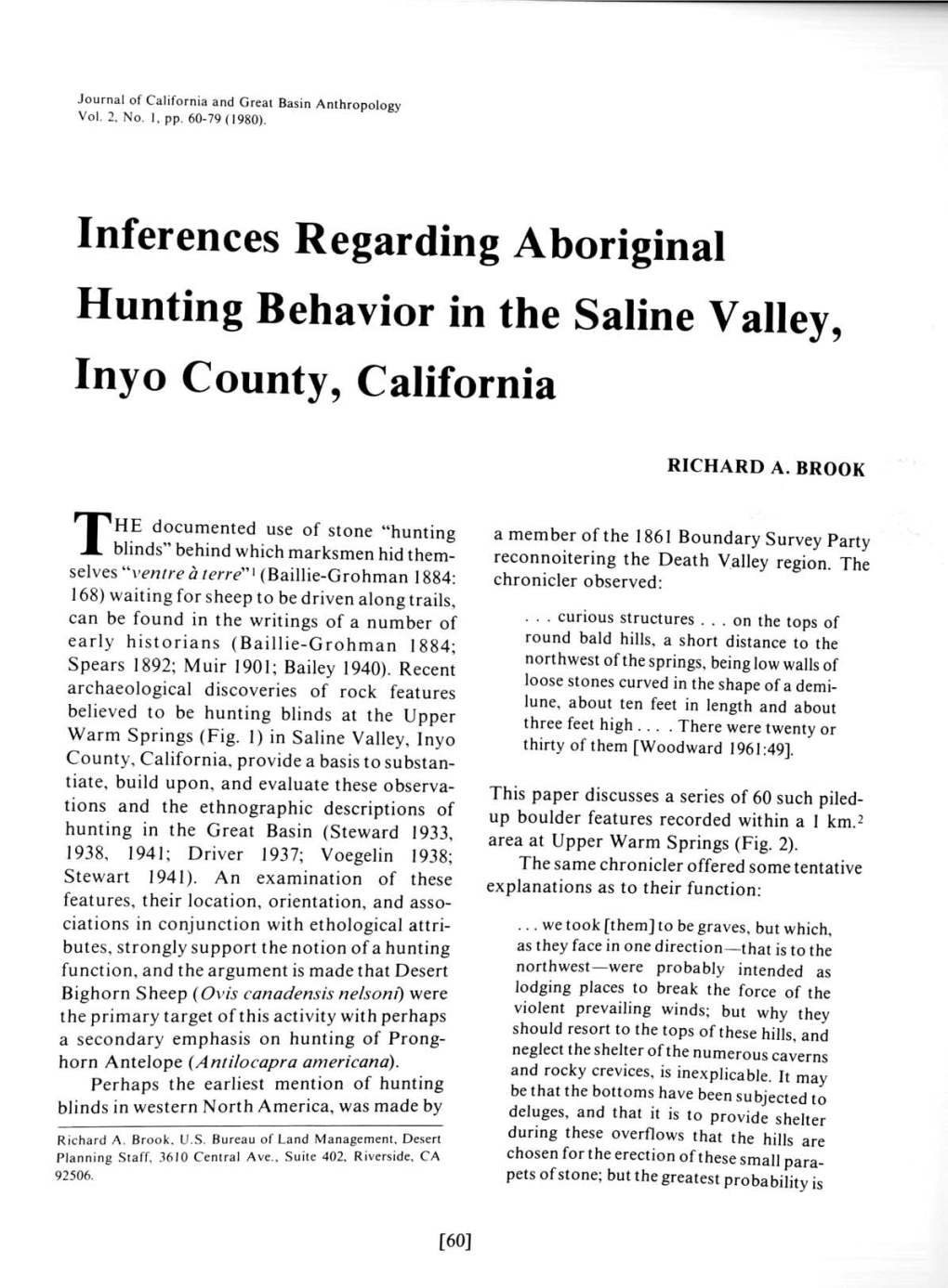 Inferences Regarding Aboriginal Hunting Behavior in the Saline Valley, Inyo County, California