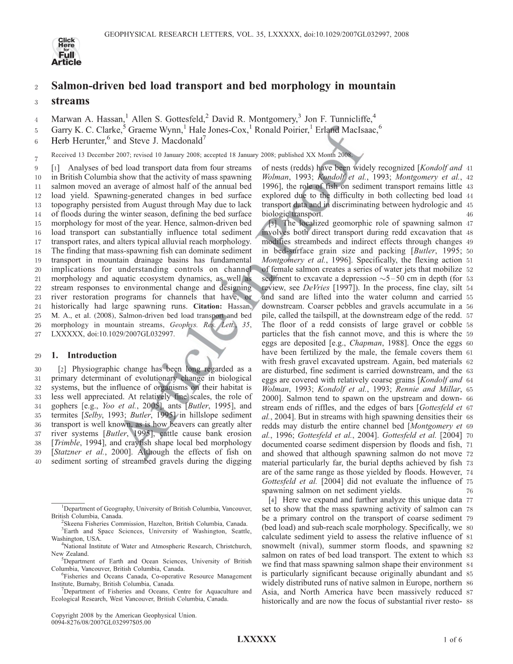 Salmon-Driven Bed Load Transport and Bed Morphology in Mountain Streams