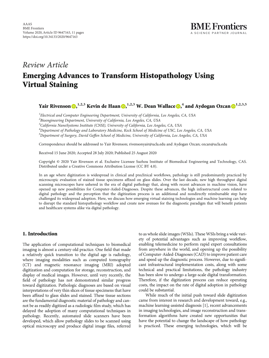 Review Article Emerging Advances to Transform Histopathology Using Virtual Staining