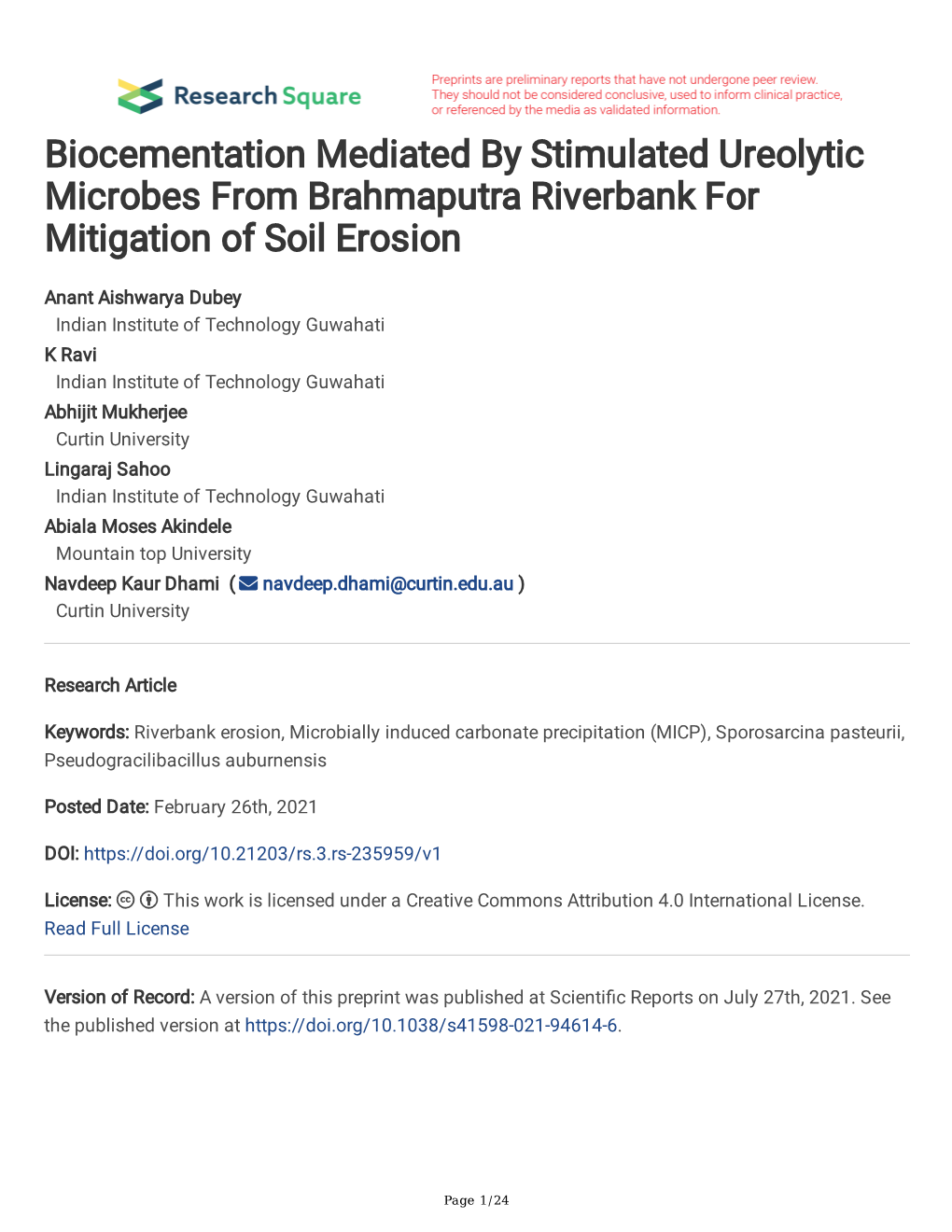 Biocementation Mediated by Stimulated Ureolytic Microbes from Brahmaputra Riverbank for Mitigation of Soil Erosion