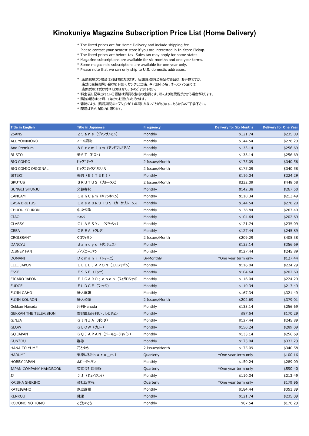 Kinokuniya Magazine Subscription Price List (Home Delivery)