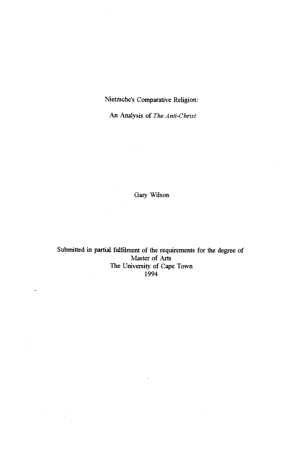 Nietzsche's Comparative Religion: an Analysis of the Anti-Christ