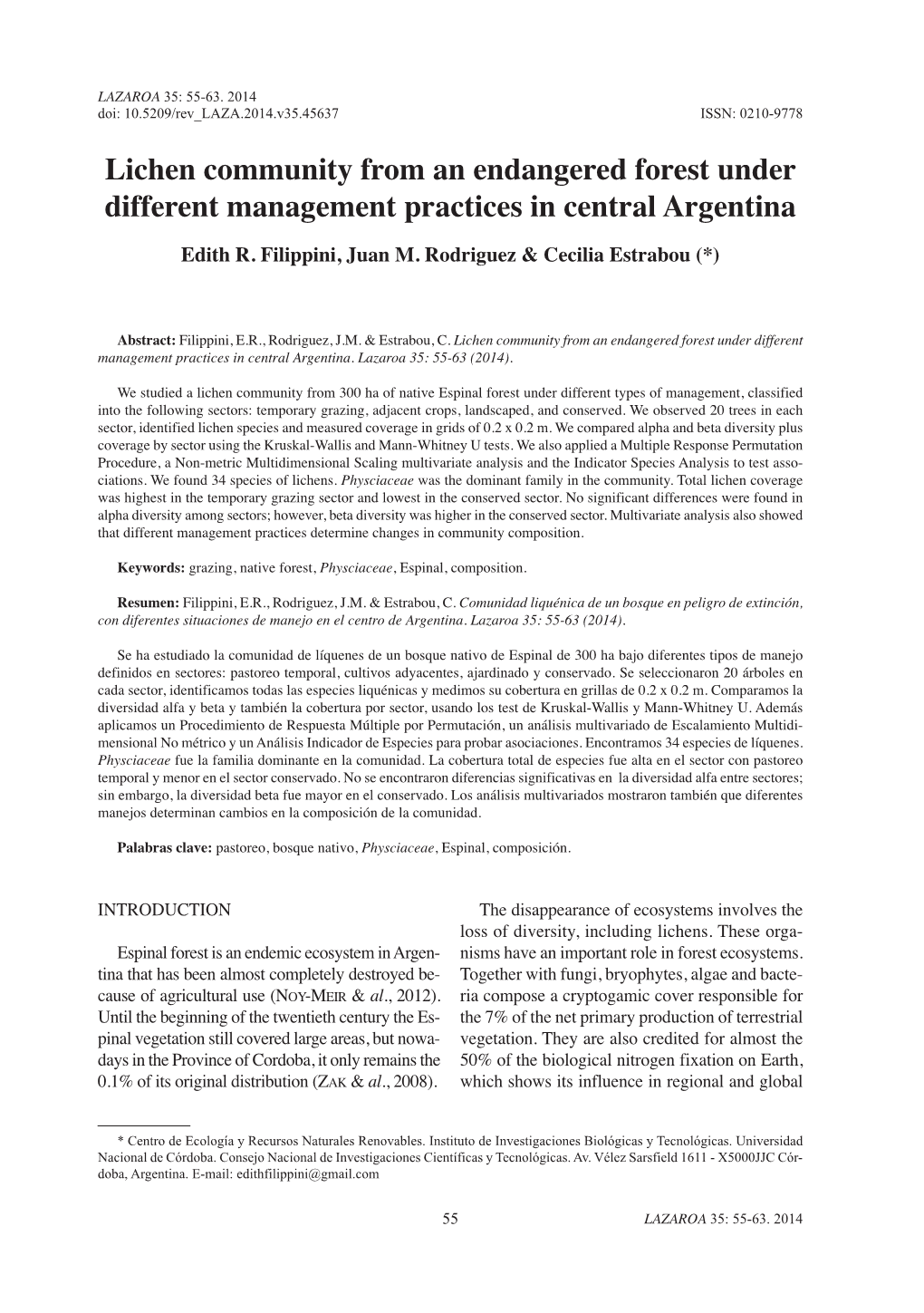 Lichen Community from an Endangered Forest Under Different Management Practices in Central Argentina Edith R