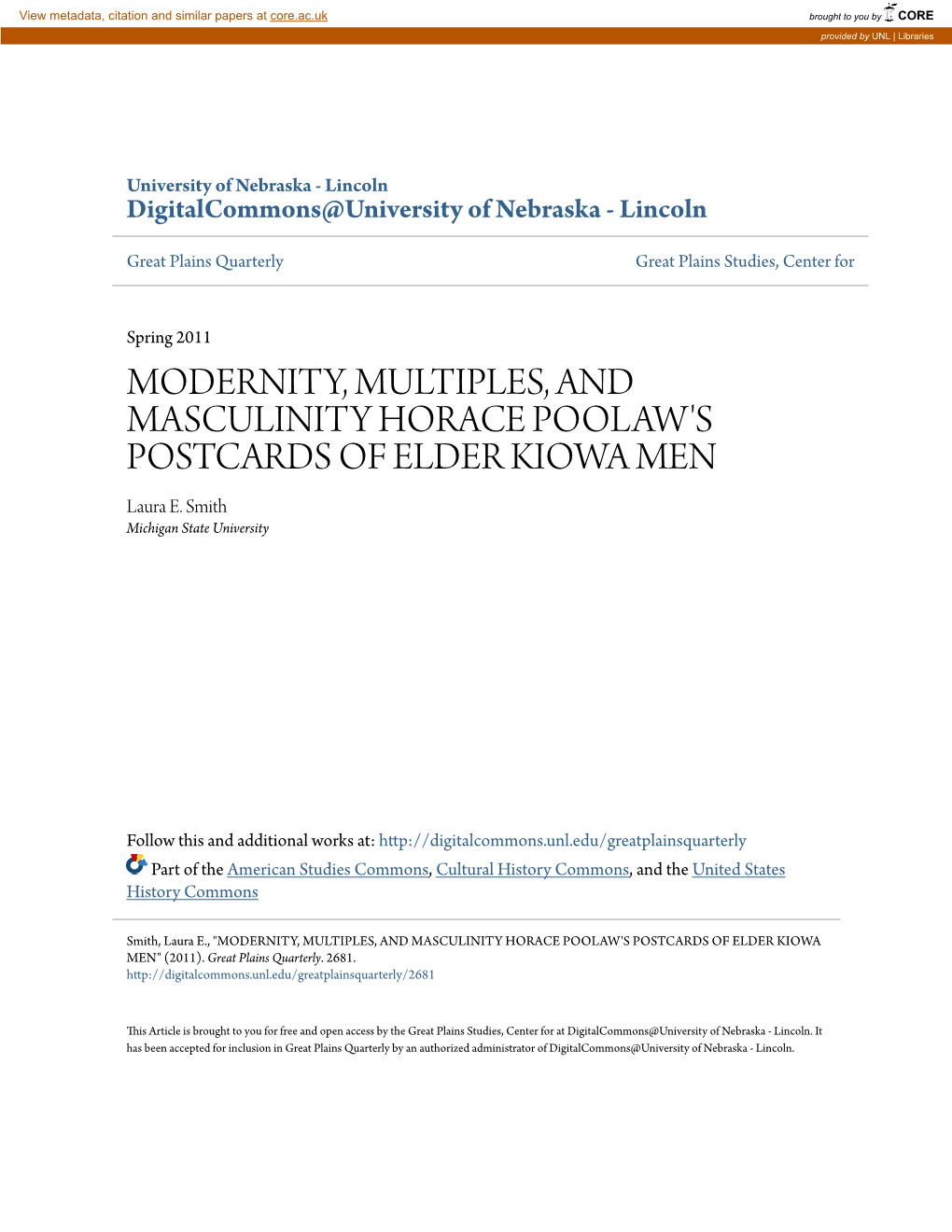 MODERNITY, MULTIPLES, and MASCULINITY HORACE POOLAW's POSTCARDS of ELDER KIOWA MEN Laura E