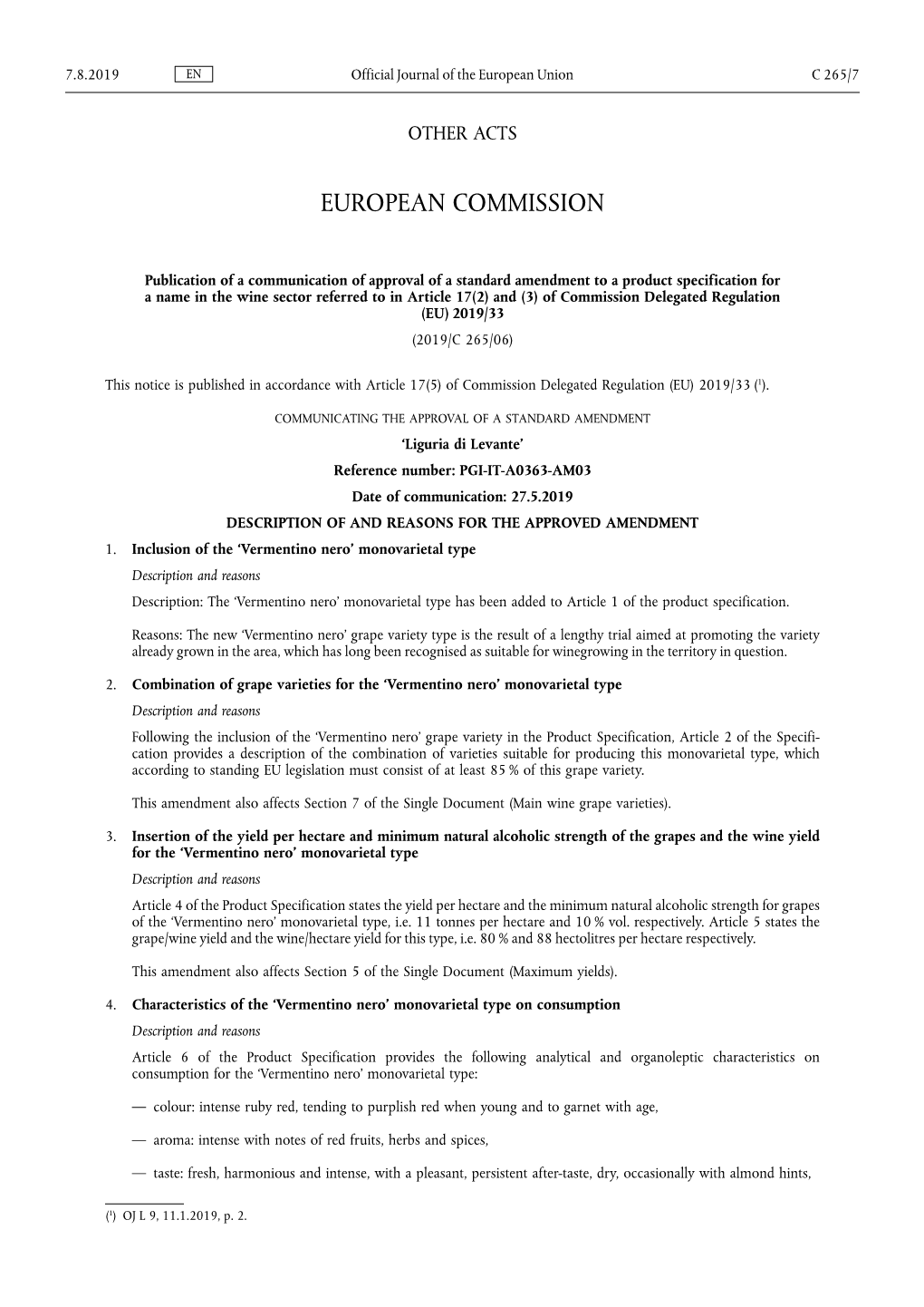 Publication of a Communication of Approval of a Standard Amendment