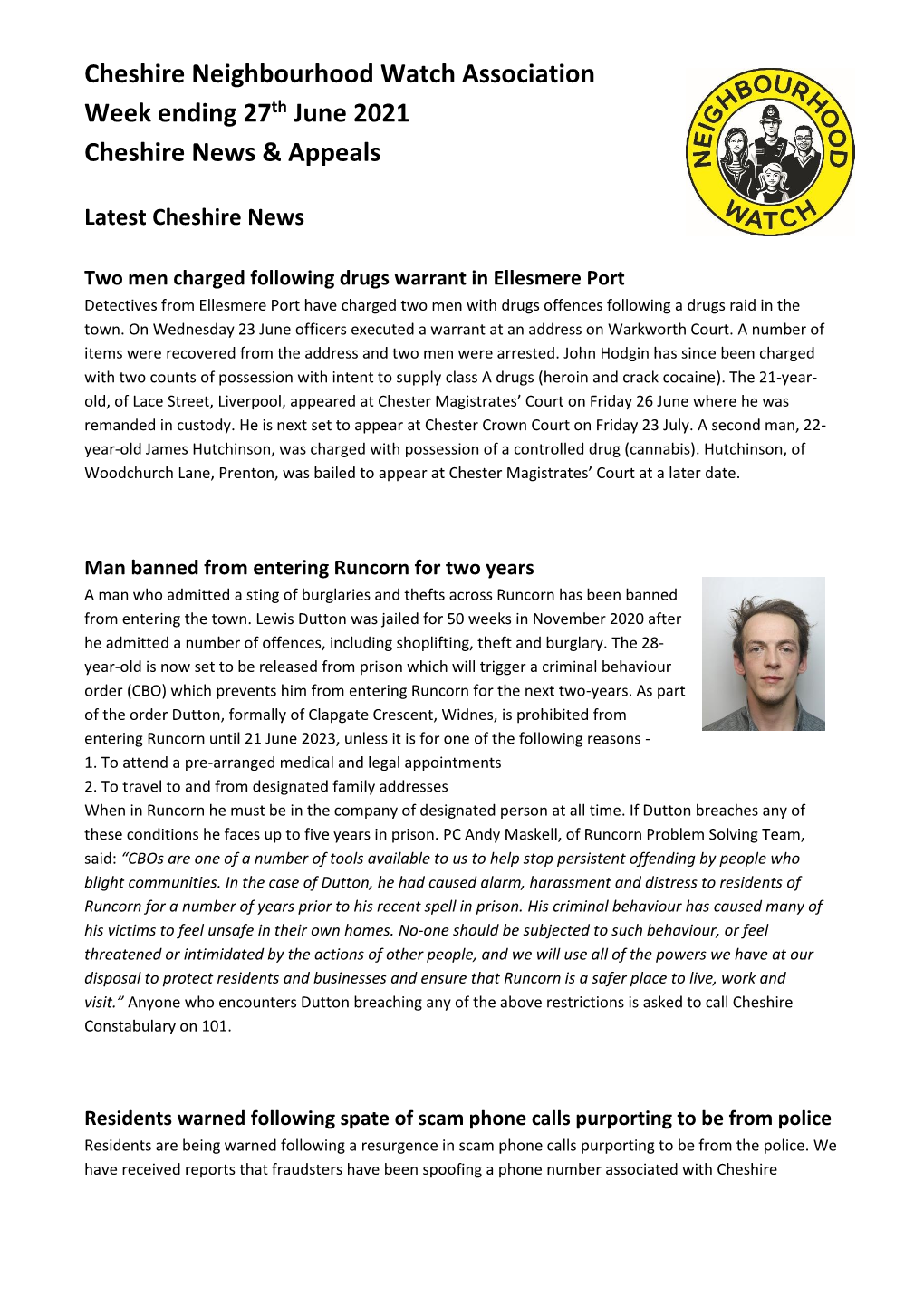 Cheshire Neighbourhood Watch Association Week Ending 27Th June 2021 Cheshire News & Appeals