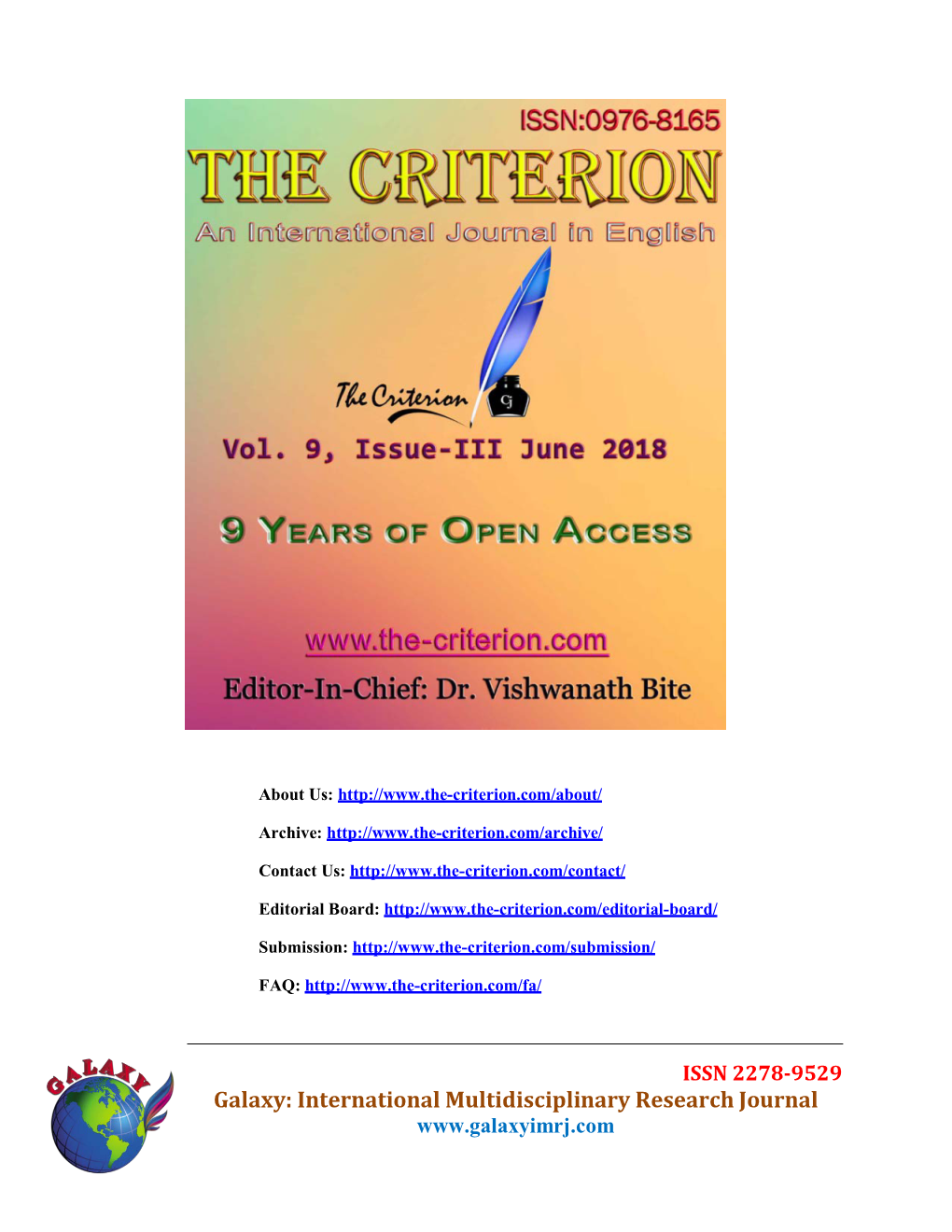 Galaxy: International Multidisciplinary Research Journal the Criterion: an International Journal in English Vol