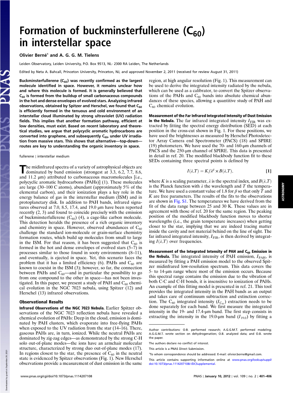 Formation of Buckminsterfullerene (C60) in Interstellar Space