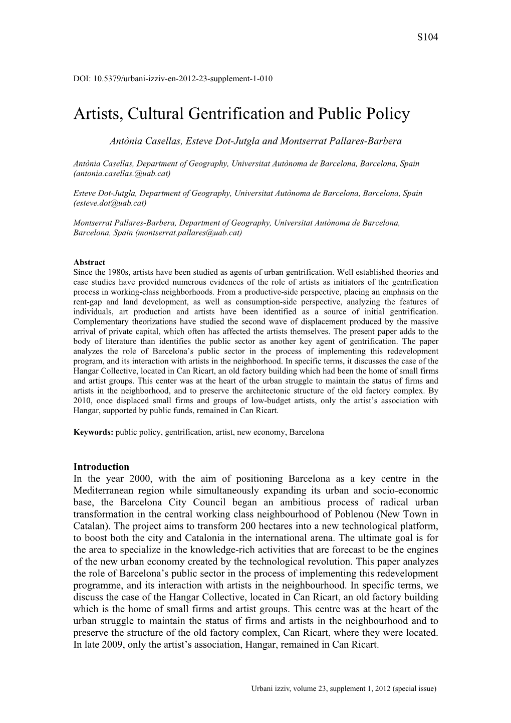 Artists, Cultural Gentrification and Public Policy