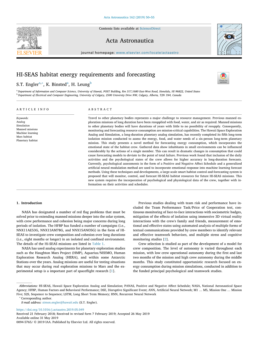 HI-SEAS Habitat Energy Requirements and Forecasting T ∗ S.T