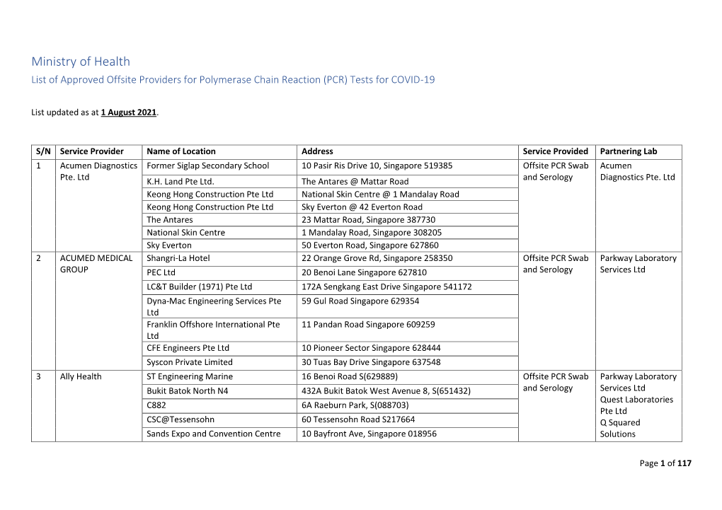 Ministry of Health List of Approved Offsite Providers for Polymerase Chain Reaction (PCR) Tests for COVID-19