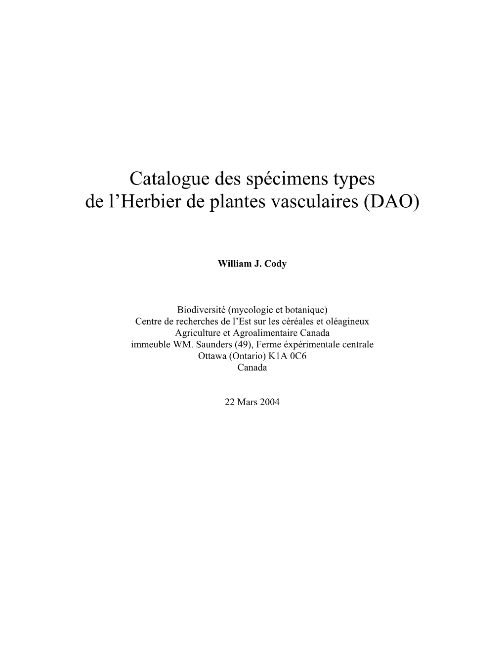 Catalogue Des Spécimens Types De L'herbier De Plantes Vasculaires